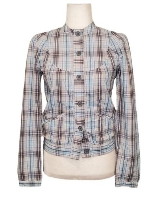 split Jackets & Blazers - Split Women's Blue Plaid Print Jacket Size XSmall